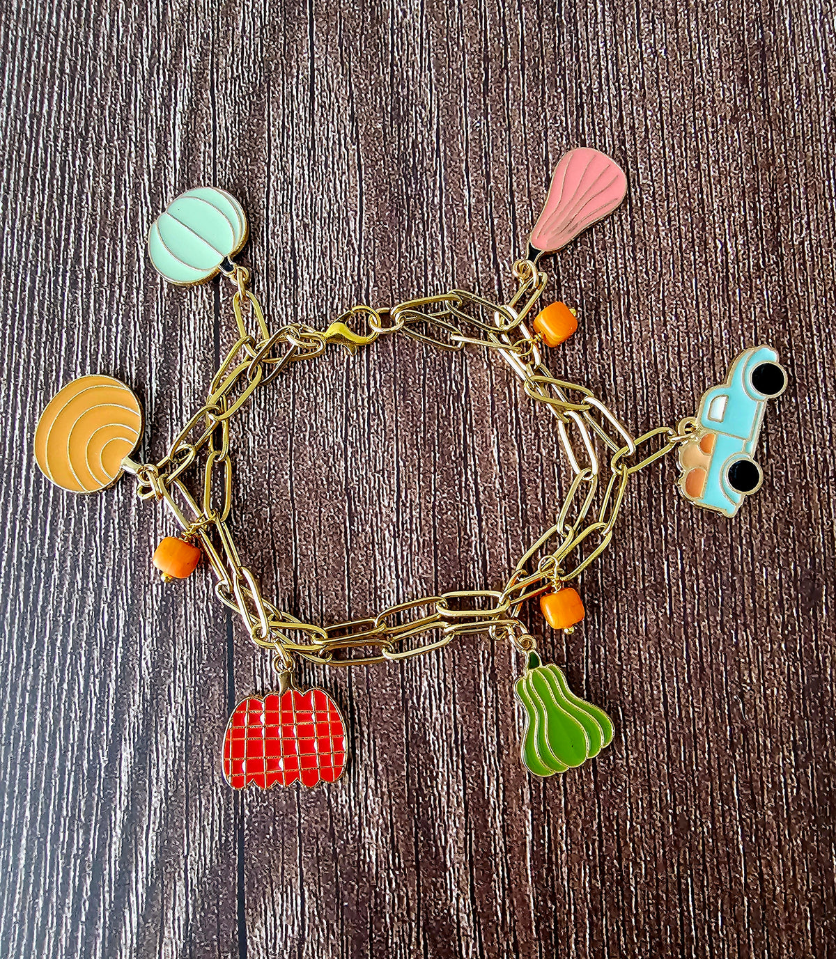 Fall Charm Double Paperclip Bracelet with Orange Beads 8"