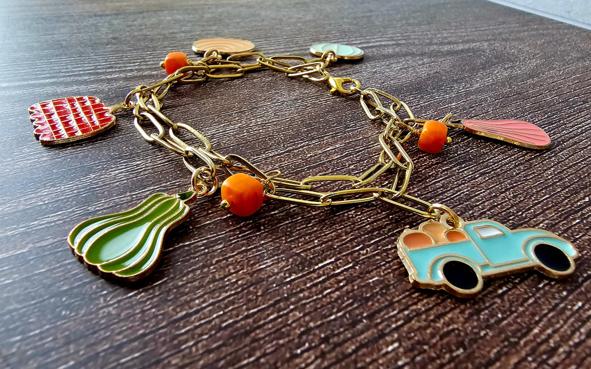 Fall Charm Double Paperclip Bracelet with Orange Beads 8"