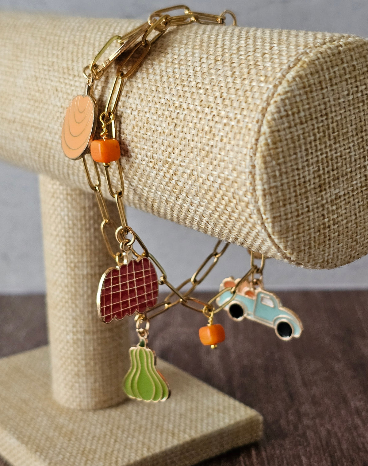 Fall Charm Double Paperclip Bracelet with Orange Beads 8"