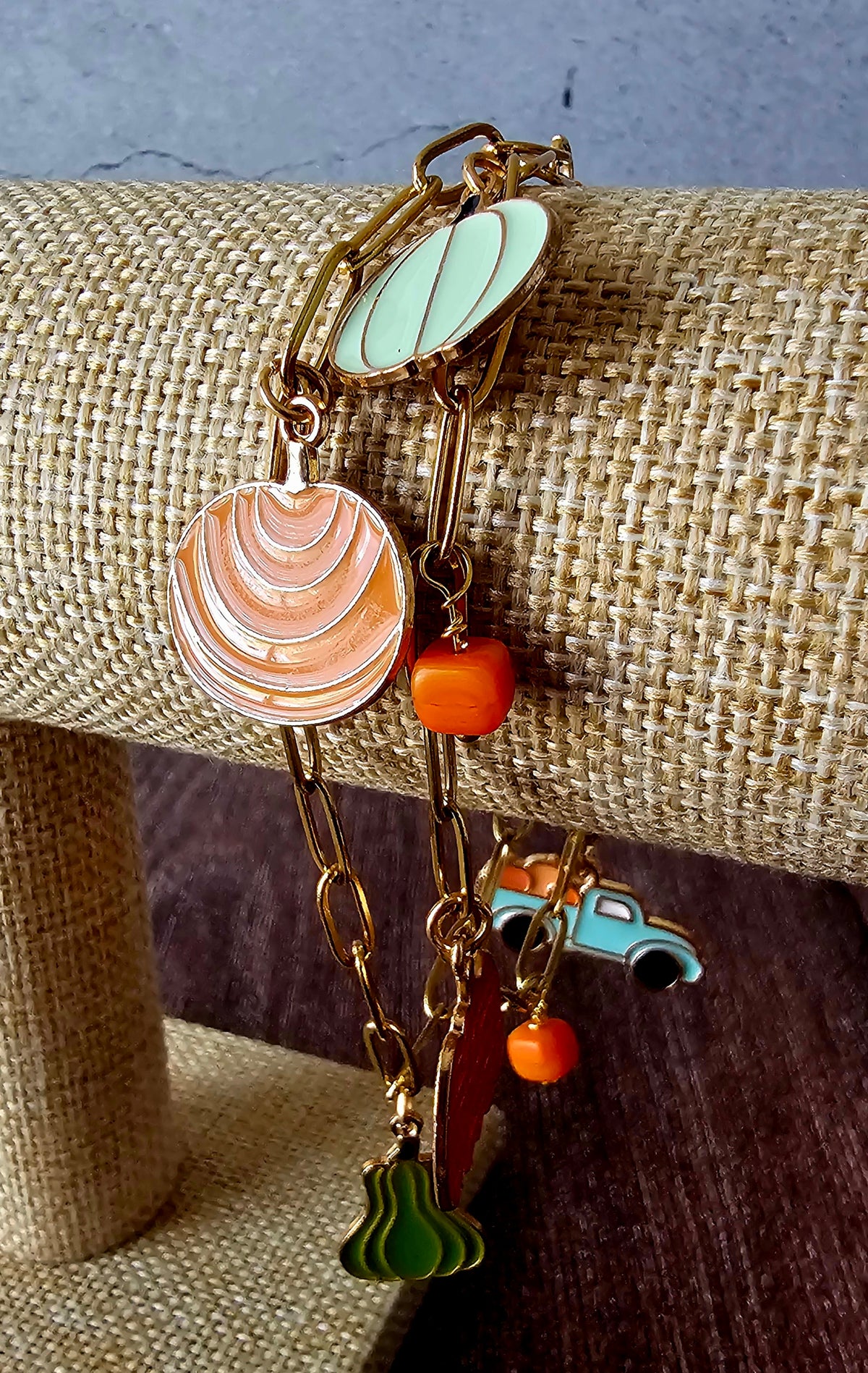 Fall Charm Double Paperclip Bracelet with Orange Beads 8"