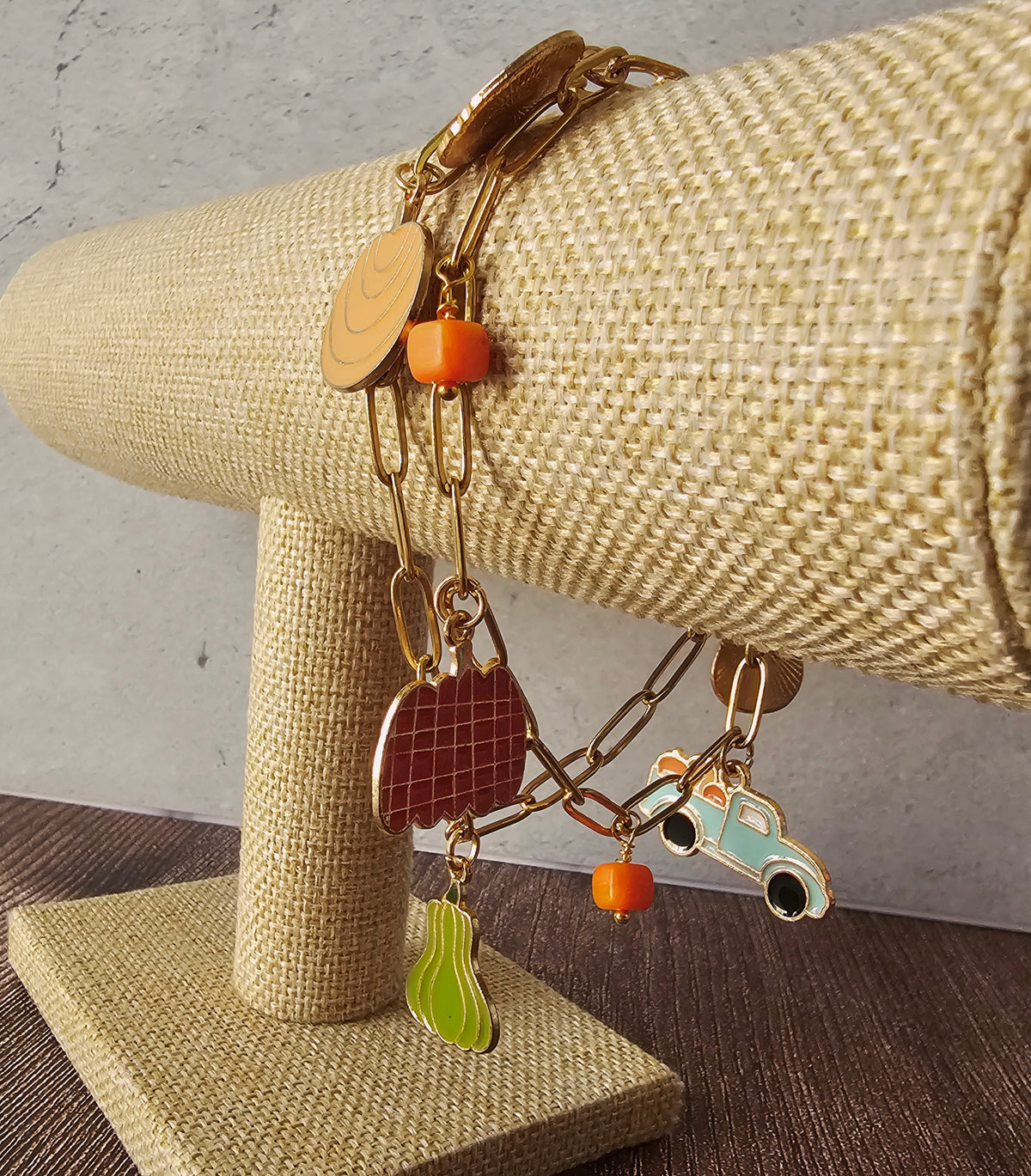Fall Charm Double Paperclip Bracelet with Orange Beads 8"