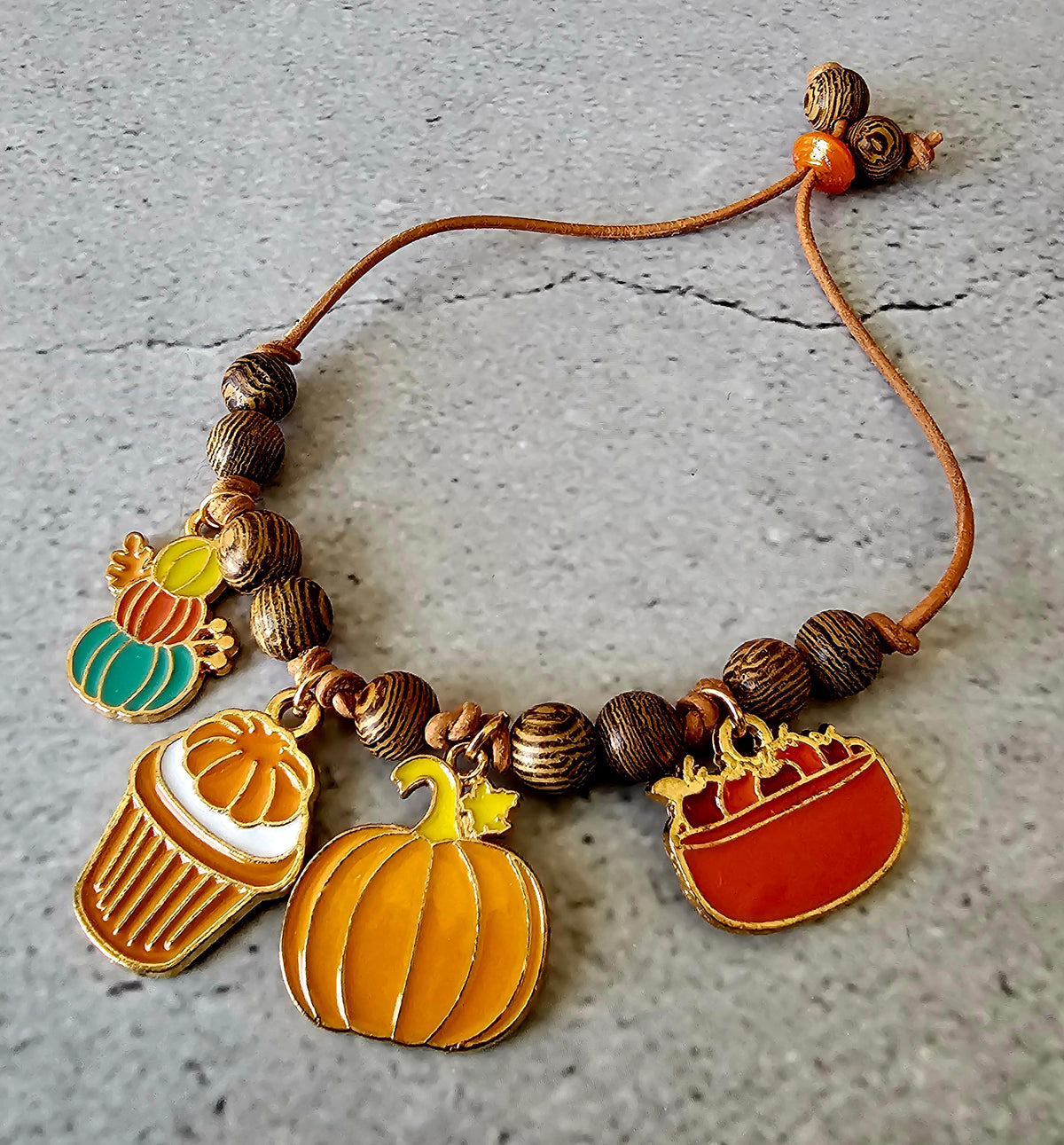 Fall Charm Bracelet W/Leather Suede Cord and Wood Beads 8"