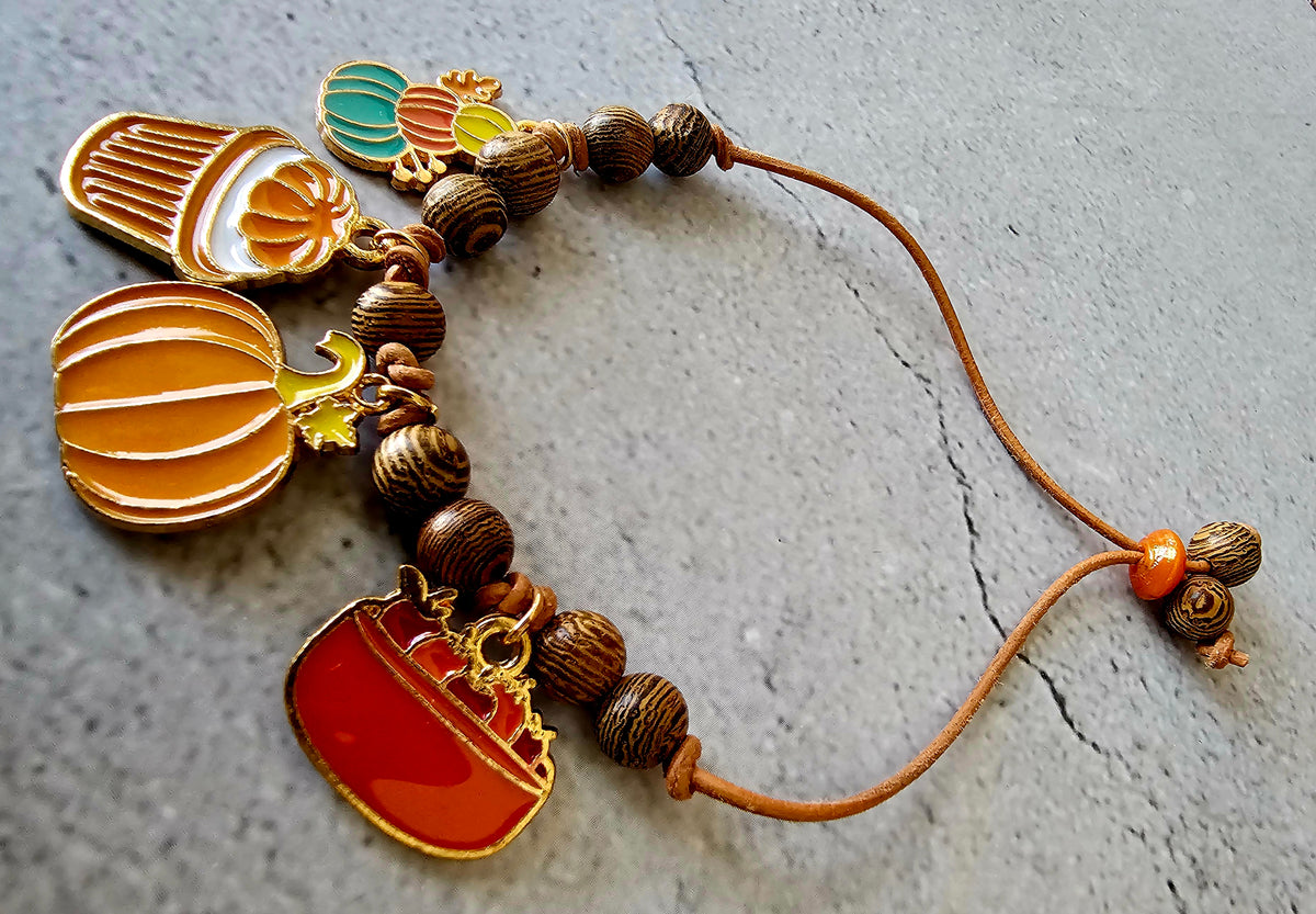 Fall Charm Bracelet W/Leather Suede Cord and Wood Beads 8"