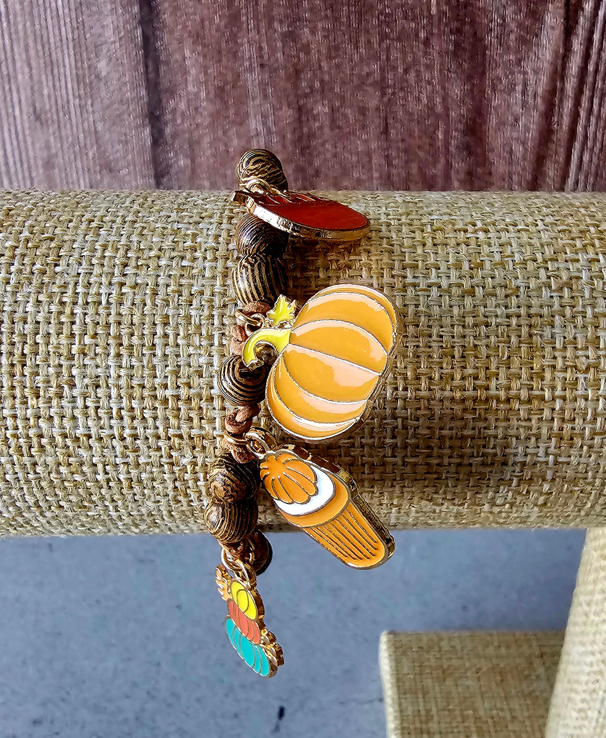 Fall Charm Bracelet W/Leather Suede Cord and Wood Beads 8"