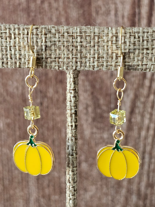 Fall Yellow Pumpkin Charm Earrings W/Square Crystal Beads 14k GP Ear Wires