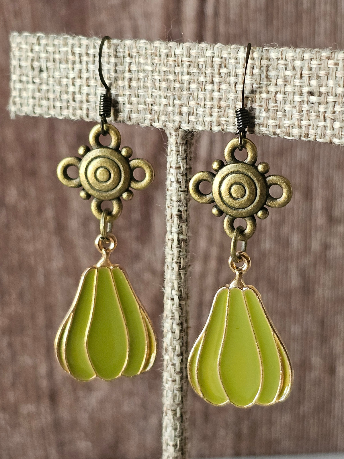 Fall Antique Bronze Enamel Green Gourd Charm Earrings with French Wires