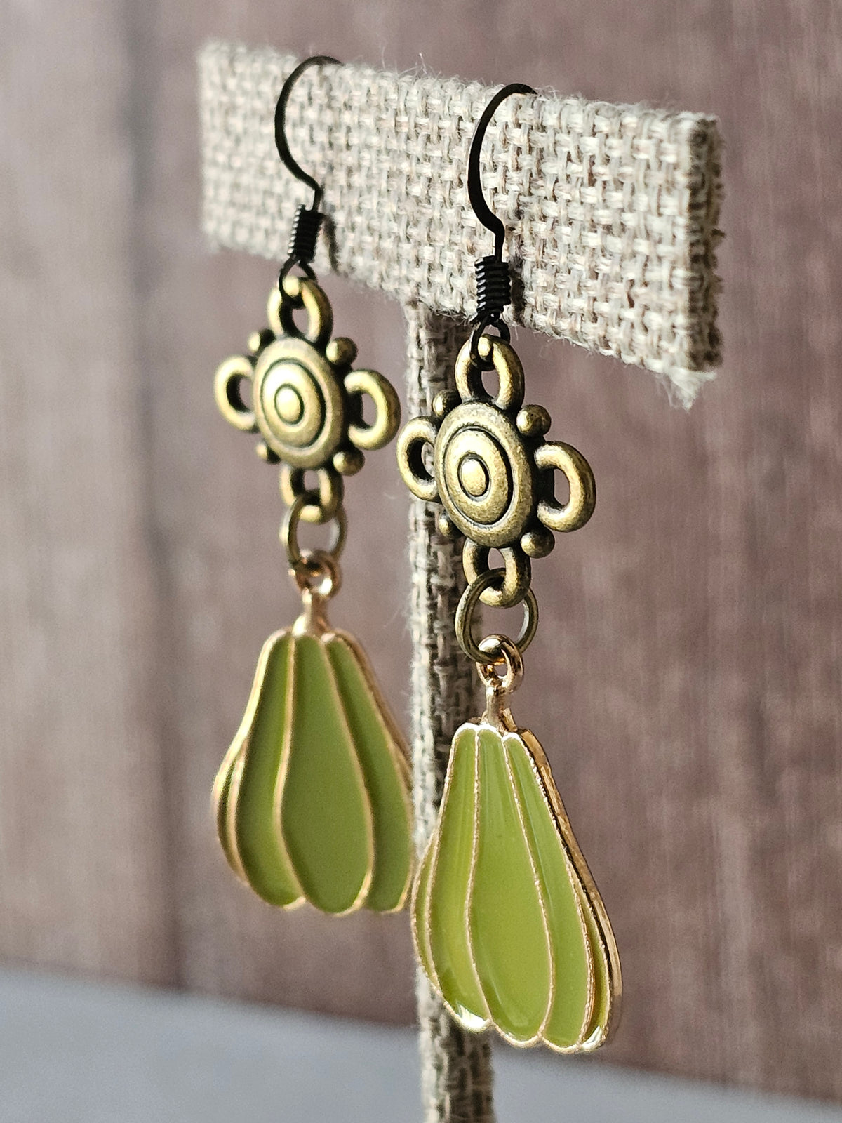 Fall Antique Bronze Enamel Green Gourd Charm Earrings with French Wires