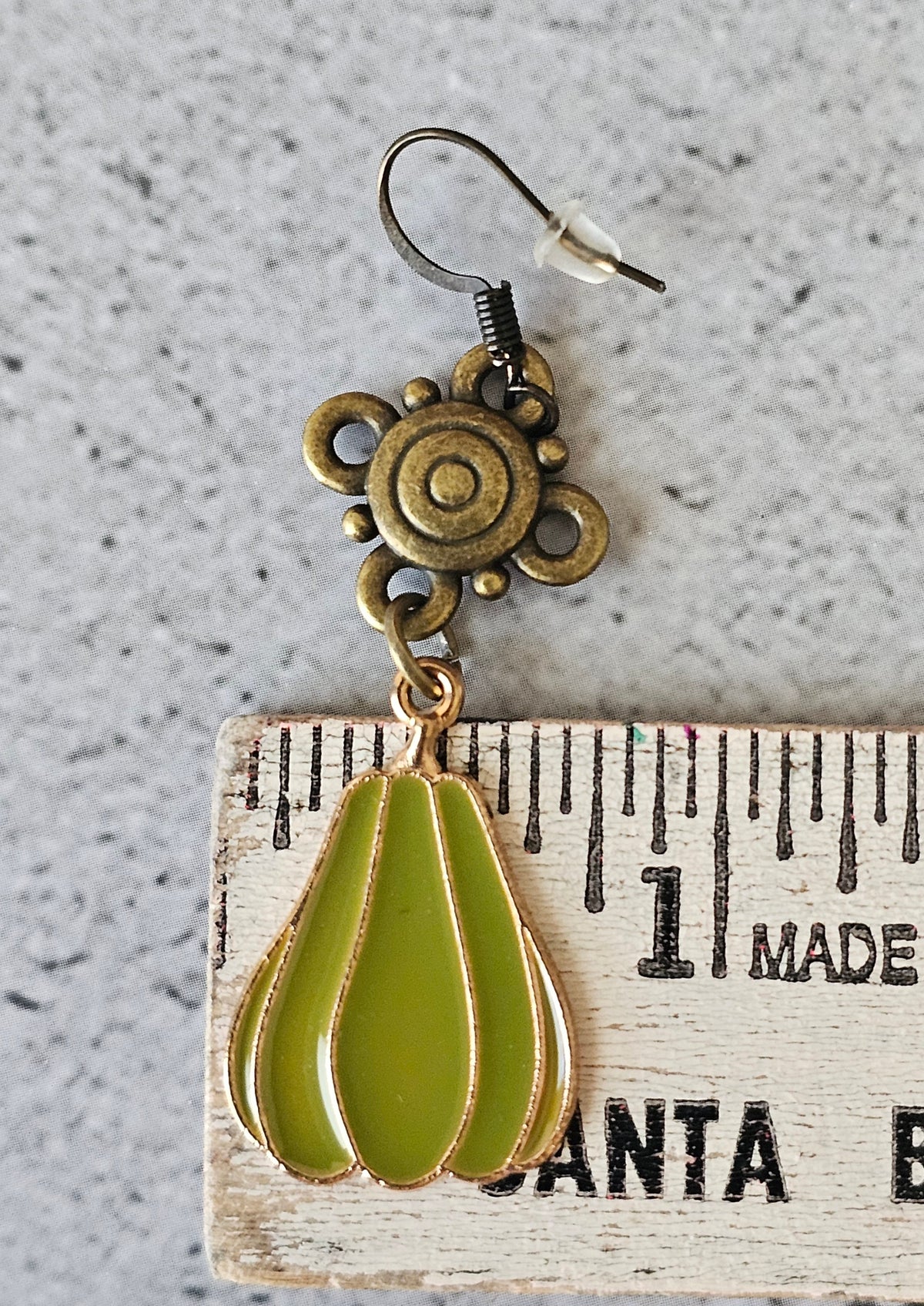 Fall Antique Bronze Enamel Green Gourd Charm Earrings with French Wires