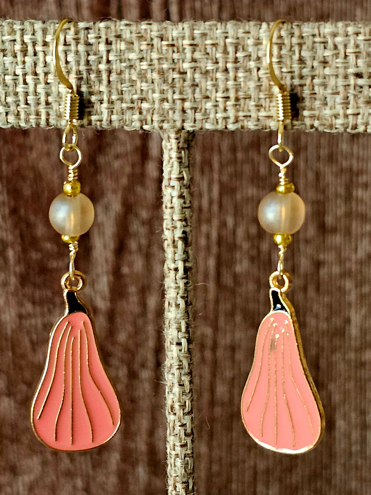 Fall Thanksgiving Peach Gourd Earrings with Frost Glass Beads on 14k GP Ear Wires