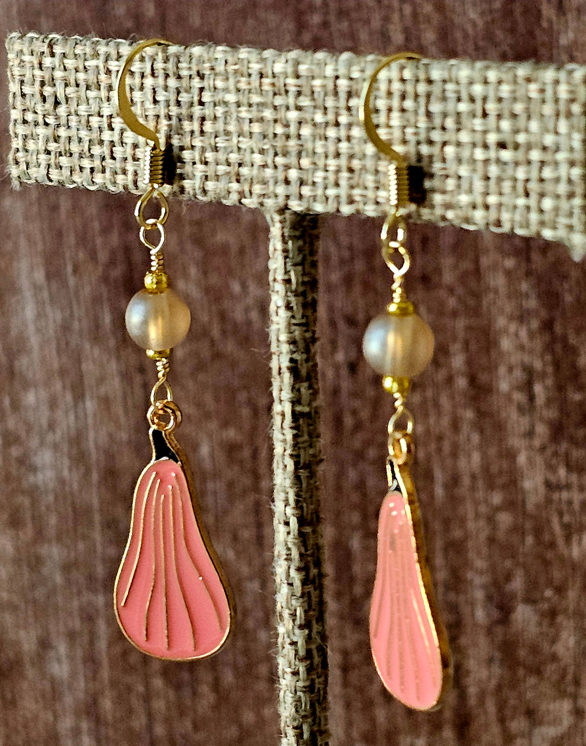 Fall Thanksgiving Peach Gourd Earrings with Frost Glass Beads on 14k GP Ear Wires