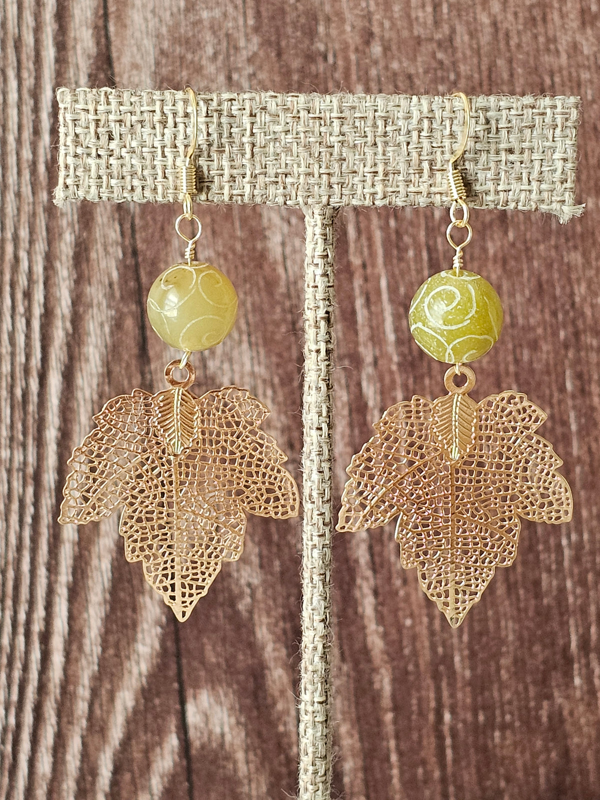 Fall Gold Maple Leaf Charms Earrings with Green Agate Stone Beads 2" 14k GP Ear Wires