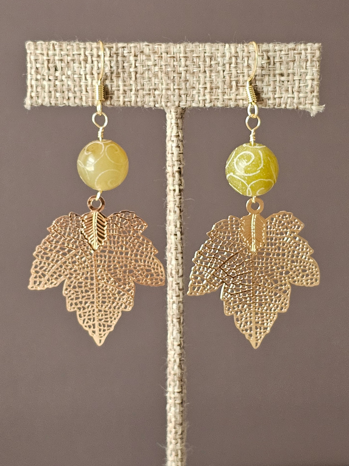 Fall Gold Maple Leaf Charms Earrings with Green Agate Stone Beads 2" 14k GP Ear Wires