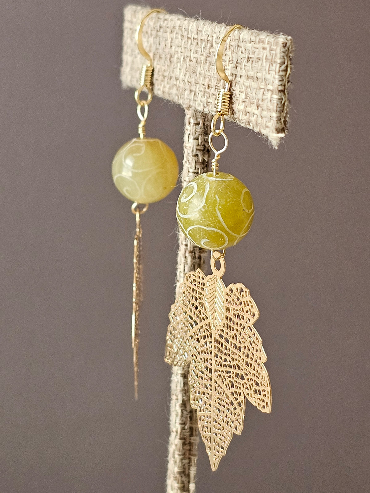 Fall Gold Maple Leaf Charms Earrings with Green Agate Stone Beads 2" 14k GP Ear Wires