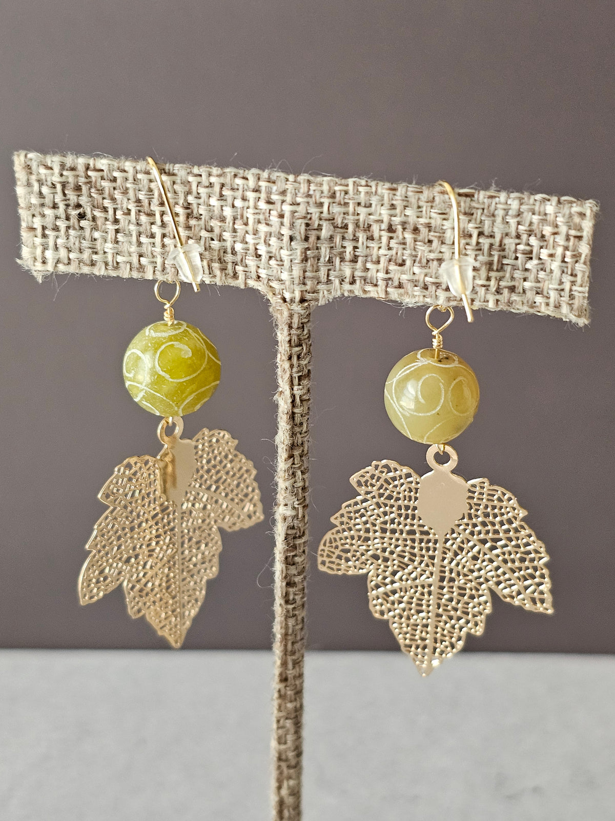 Fall Gold Maple Leaf Charms Earrings with Green Agate Stone Beads 2" 14k GP Ear Wires