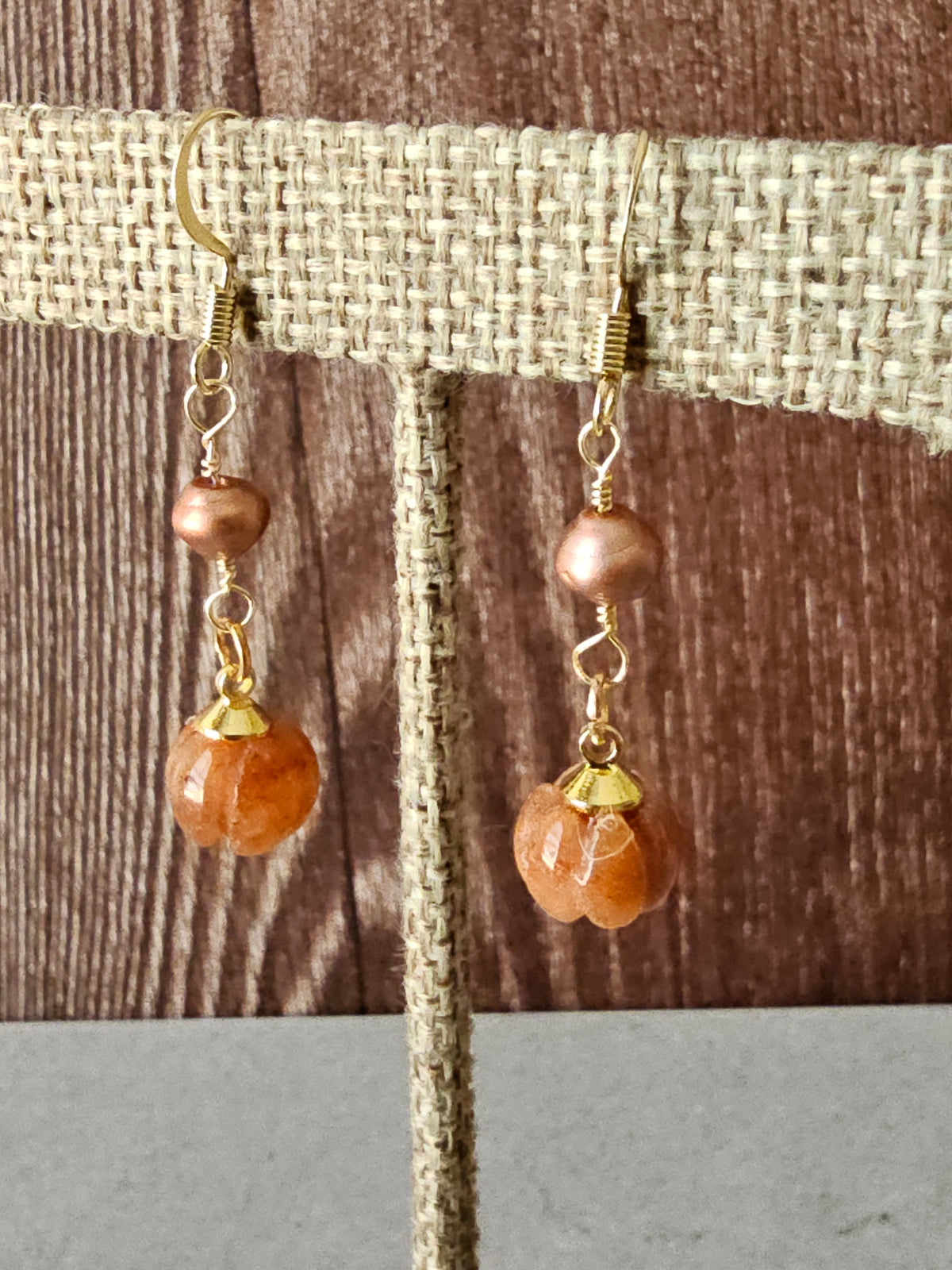 Fall Peach Jade Stone Pumpkin Earrings With Copper Freshwater Beads 1.25"