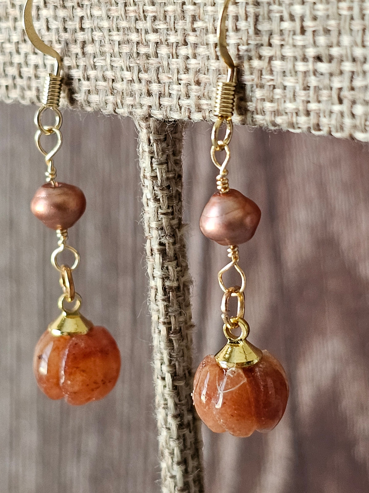 Fall Peach Jade Stone Pumpkin Earrings With Copper Freshwater Beads 1.25"
