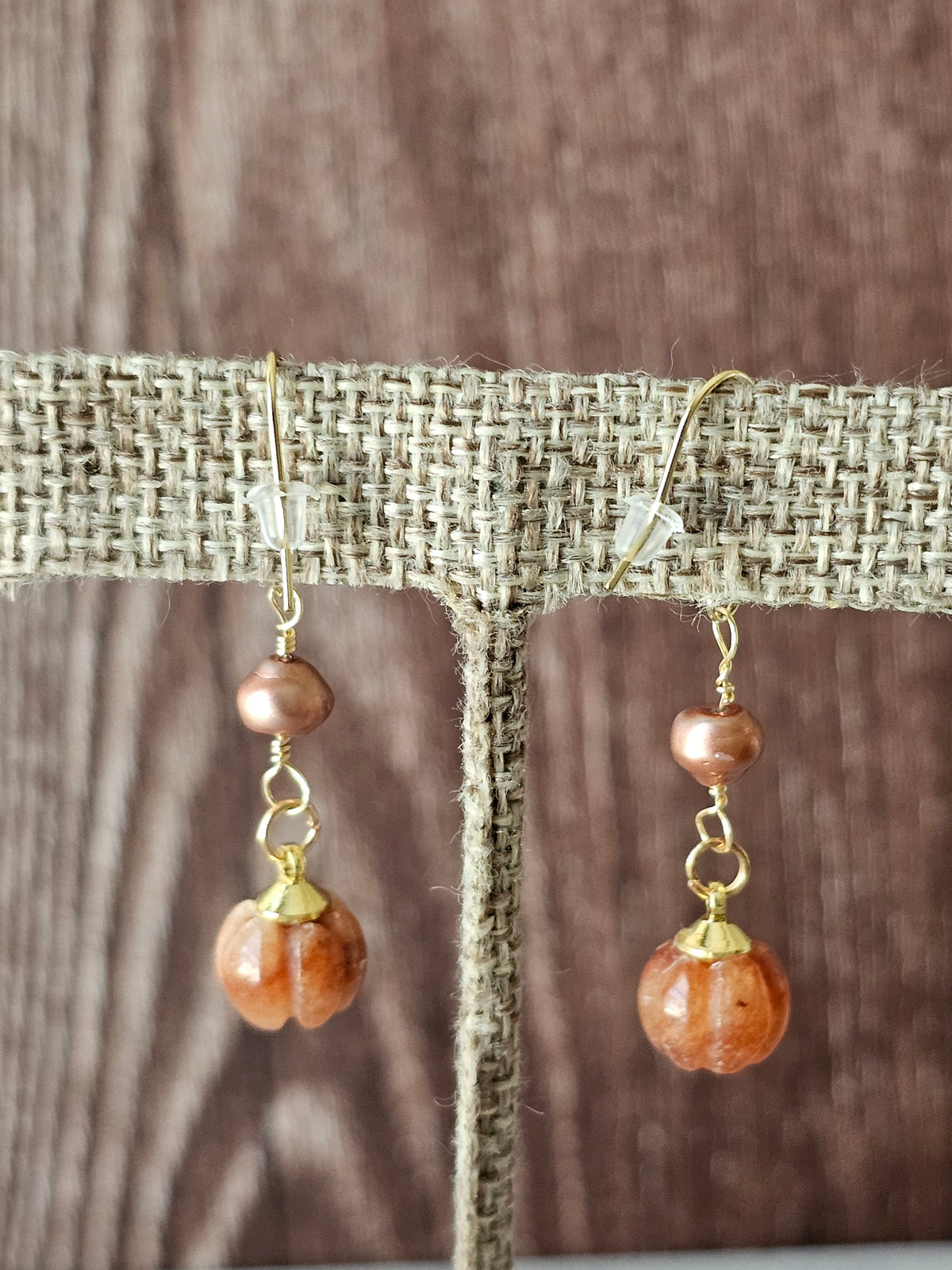 Fall Peach Jade Stone Pumpkin Earrings With Copper Freshwater Beads 1.25"