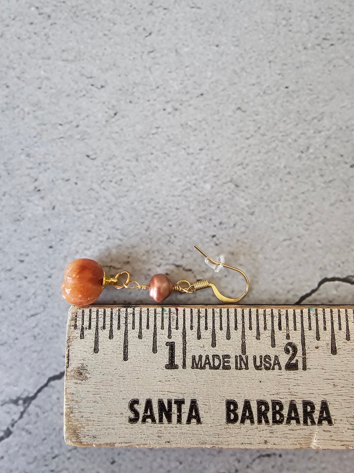 Fall Peach Jade Stone Pumpkin Earrings With Copper Freshwater Beads 1.25"