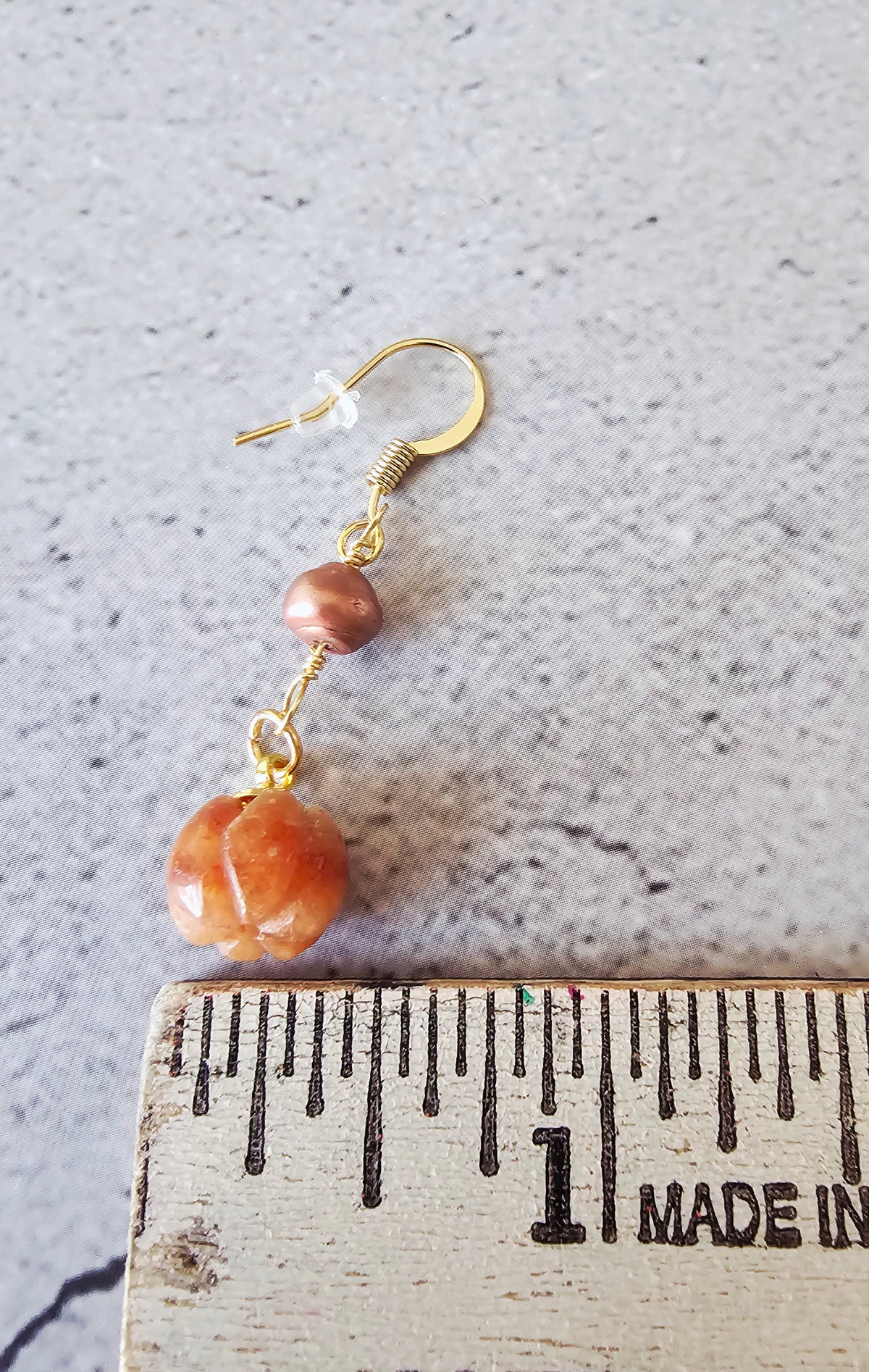Fall Peach Jade Stone Pumpkin Earrings With Copper Freshwater Beads 1.25"