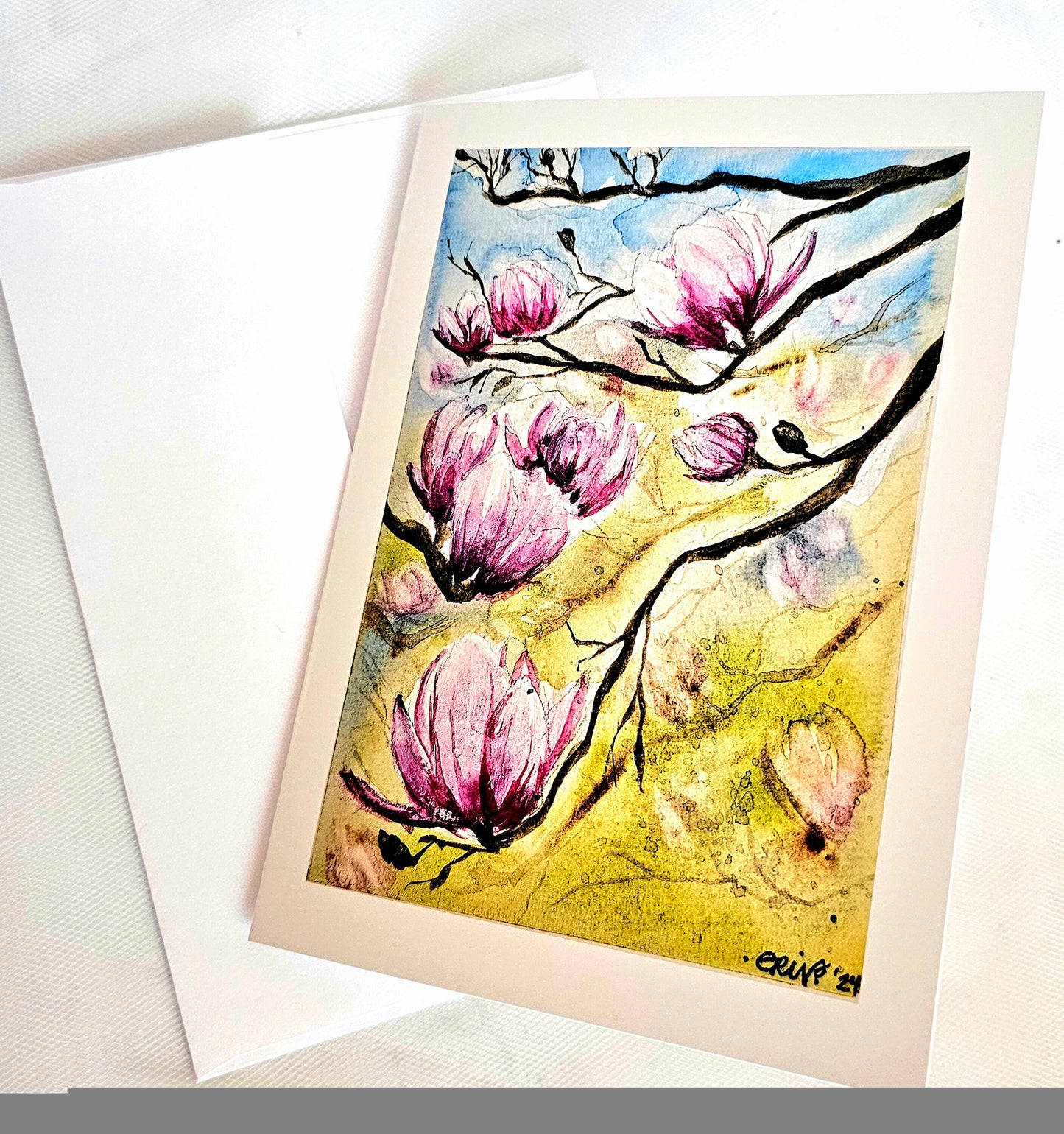Watercolor Tulip Tree Greeting Card: Hand-Painted Floral Art (5x7)