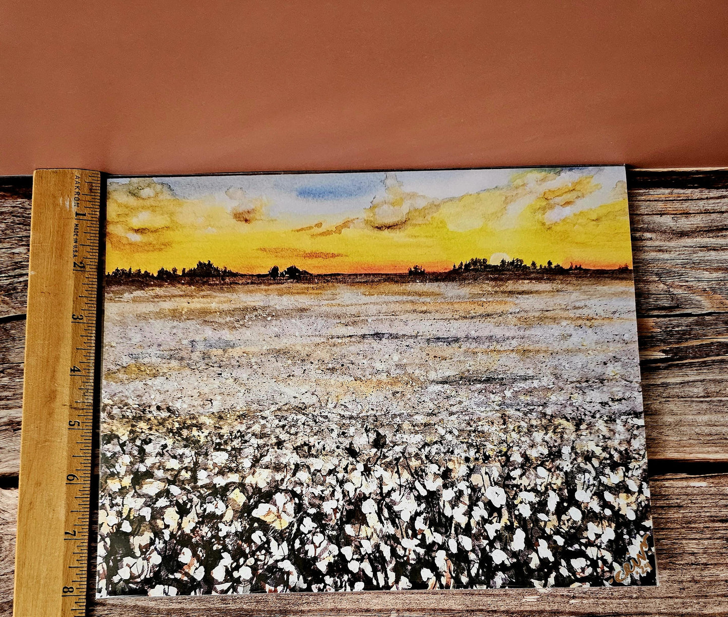 Watercolor Art Print Painting 'Alabama Cotton Sunset' Unframed 8x10" With Backing & Slipcover