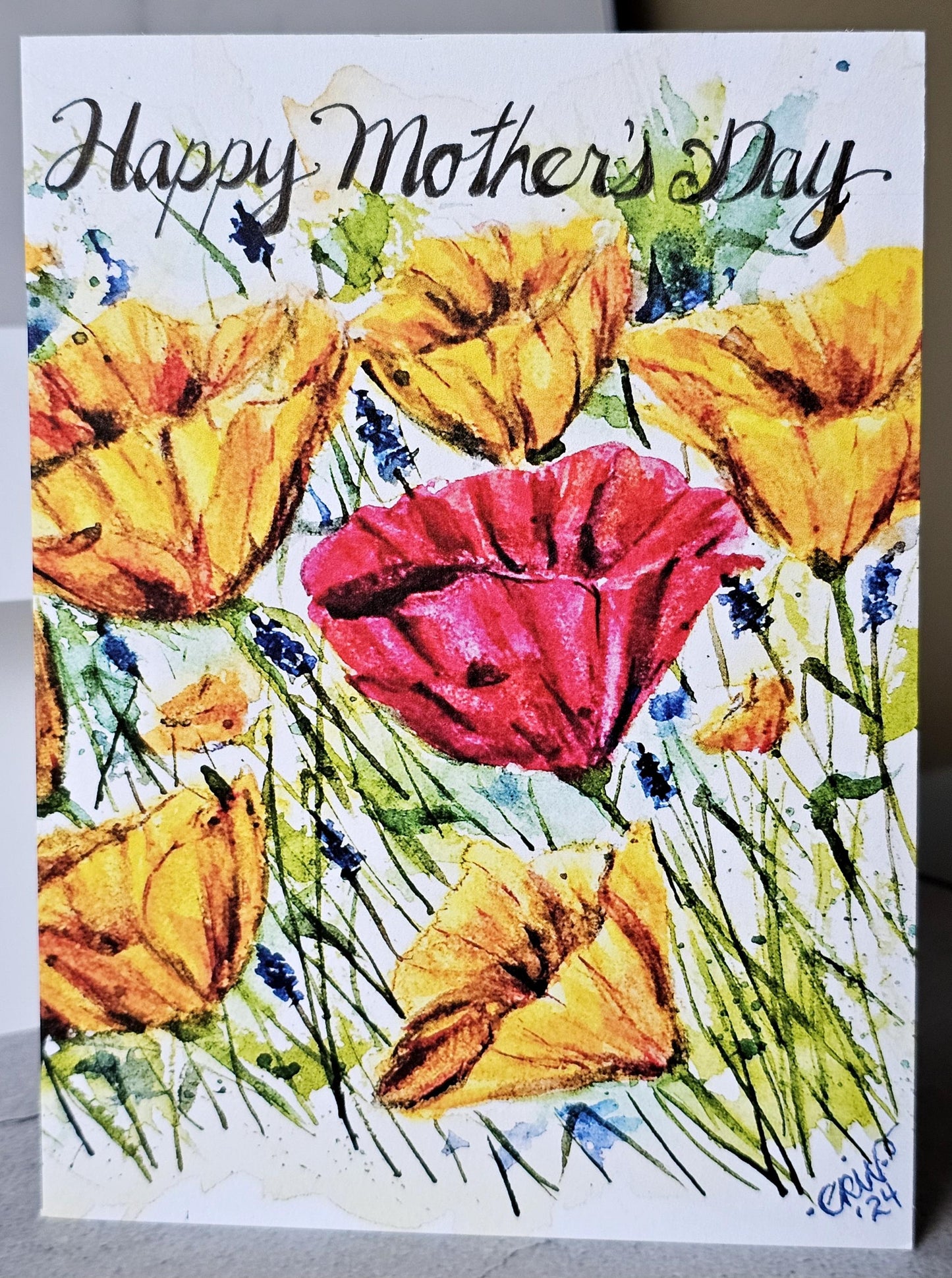 Watercolor Poppies Mother's Day Card: Original Art, 5x7 with Envelope
