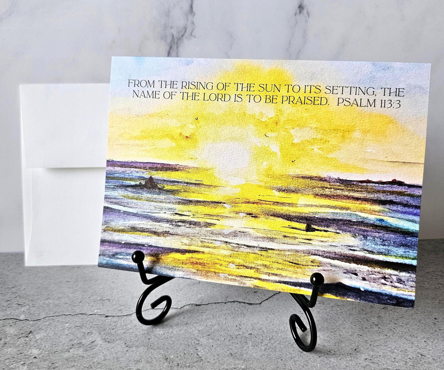Watercolor Ocean Sunrise Greeting Card with Envelope, Christian Message with Psalm 113:3