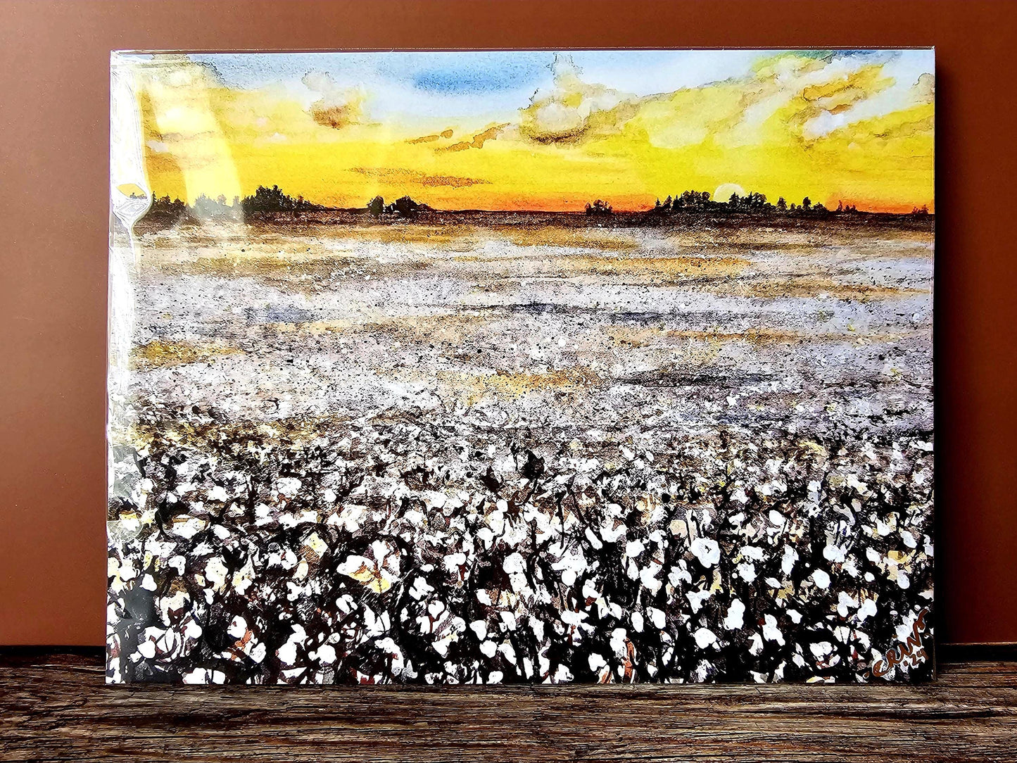 Watercolor Art Print Painting 'Alabama Cotton Sunset' Unframed 8x10" With Backing & Slipcover