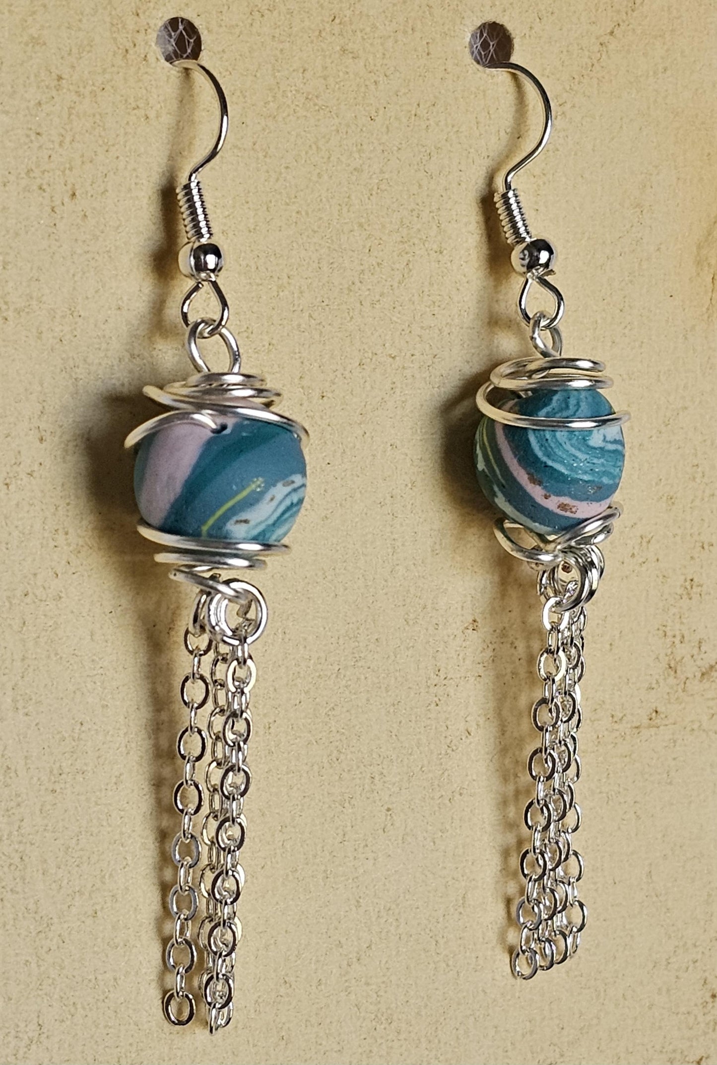 Artisan Turquoise Clay Bead Dangle Earrings with Silver Chain Tassel