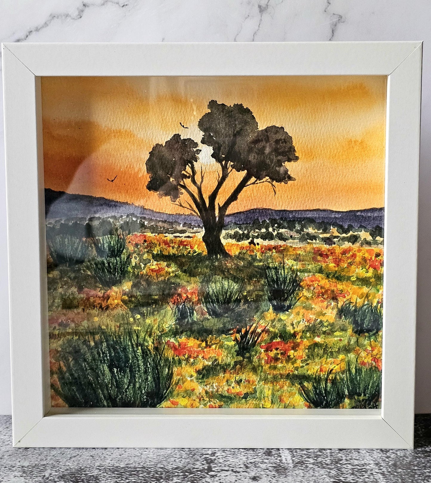 Framed Watercolor Sunset Painting: California Oak Tree Art on Metal Tile