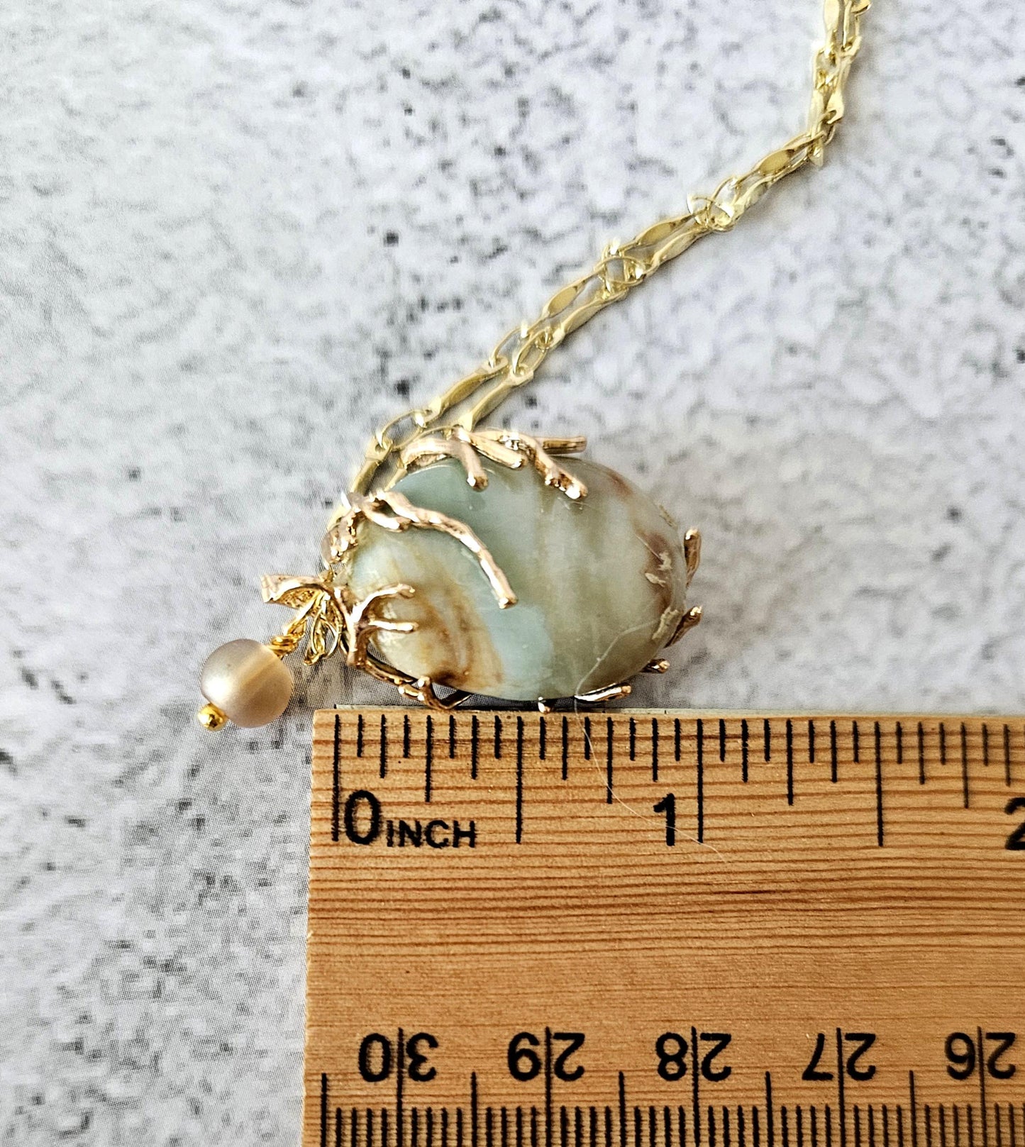 Green Jasper Pendant Necklace: Gold Tone Wire Wrap, 24" Vigano Chain
