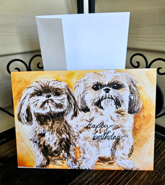 Watercolor Print Shih Tzu Pups Birthday Greeting Card: 5x7 Blank Inside