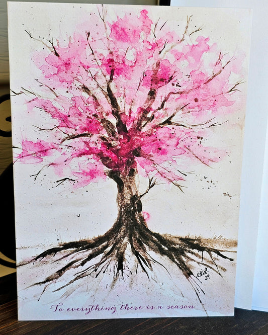 Watercolor Pink Tree Greeting Card: Christian Art, Springtime Verse