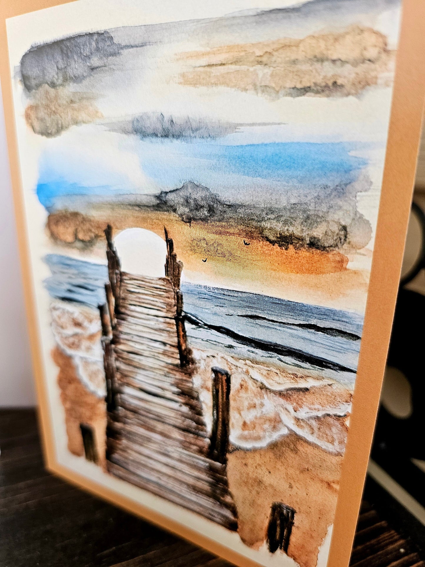 Watercolor Print Beach Pier Art Card: Coastal Greeting, Blank Inside