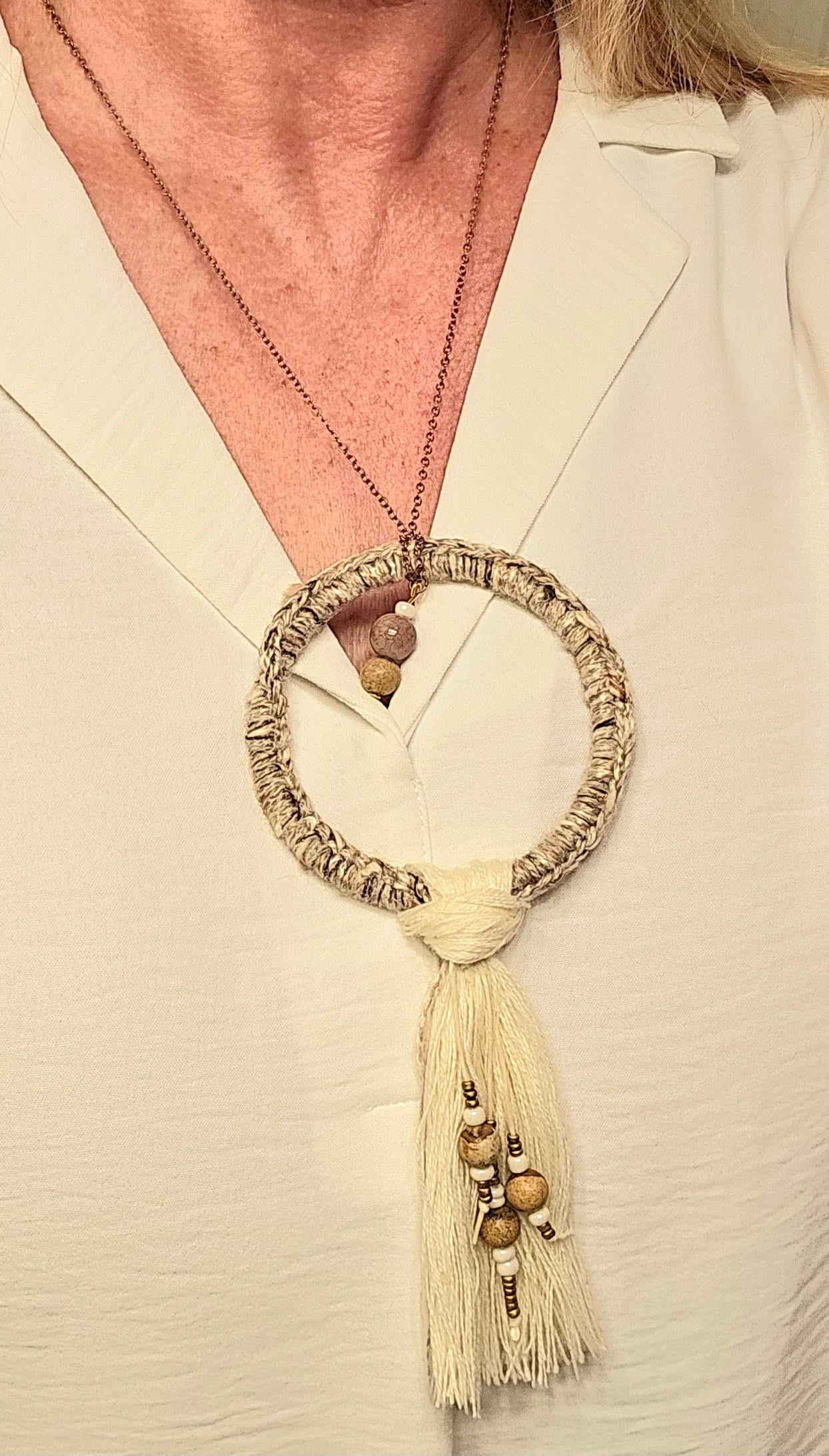 Handmade Boho Crochet Pendant Necklace: Brown Beads, Cream Tassel, Copper Chain