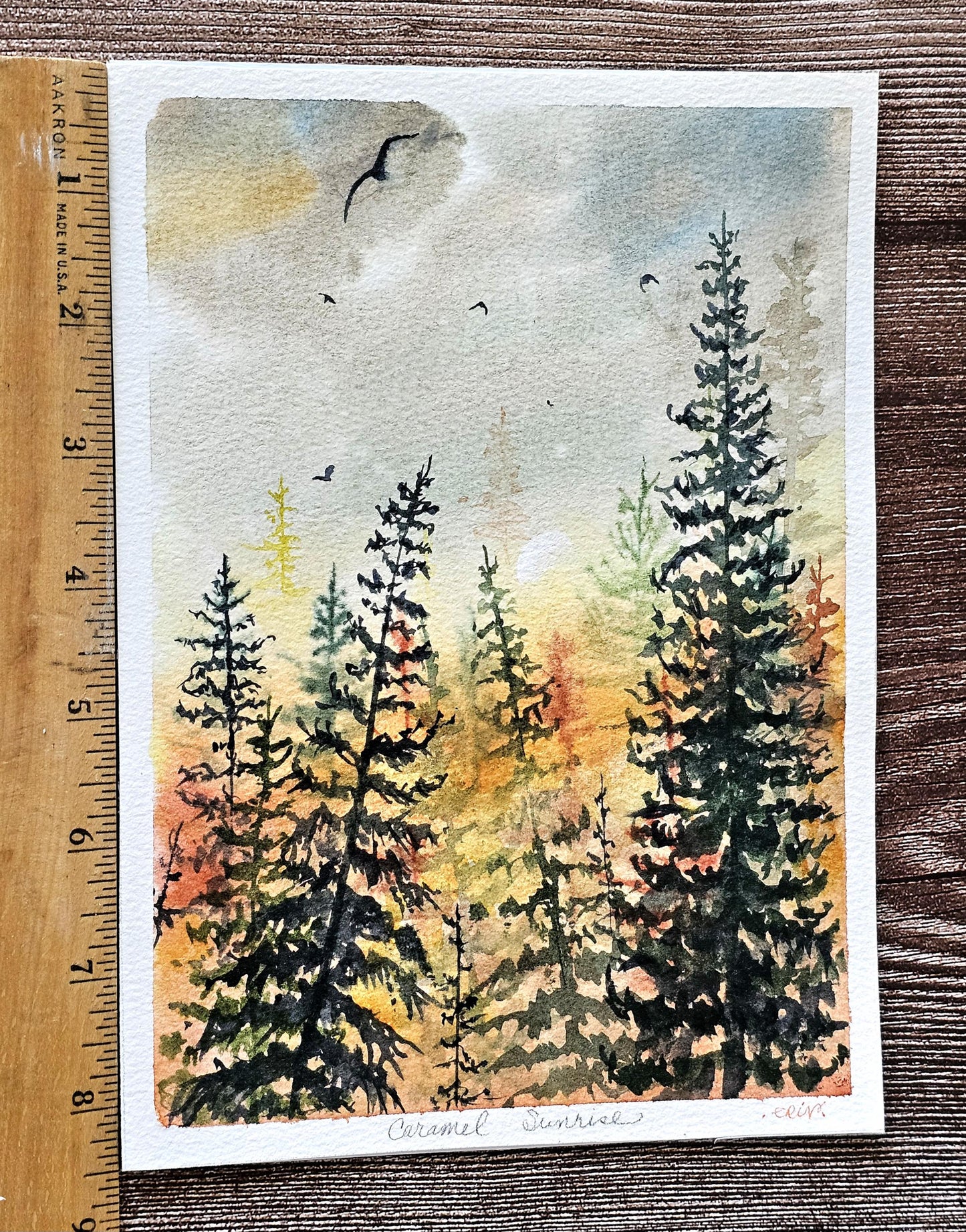 Original Watercolor Art Painting 'Caramel Sunrise' Unframed 8.5x6.5" With Backing & Slipcover
