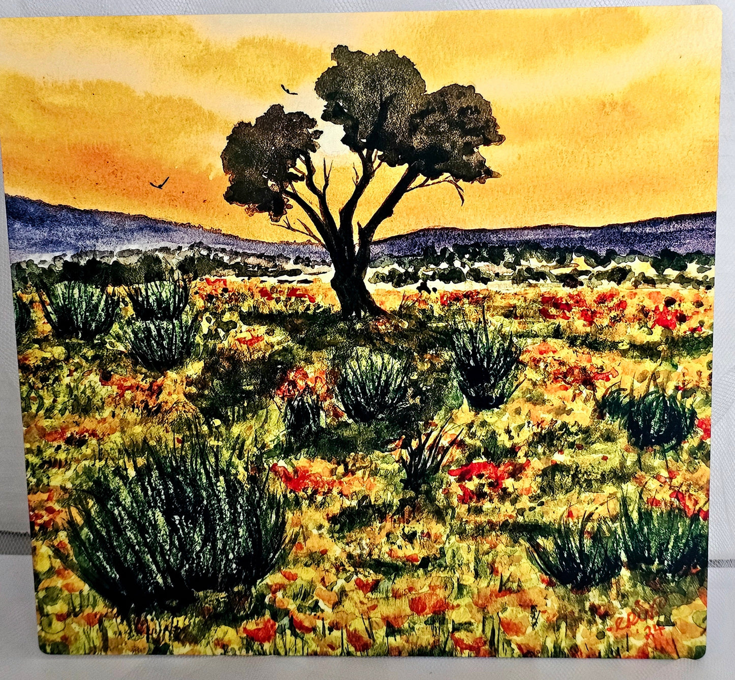 Framed Watercolor Sunset Painting: California Oak Tree Art on Metal Tile