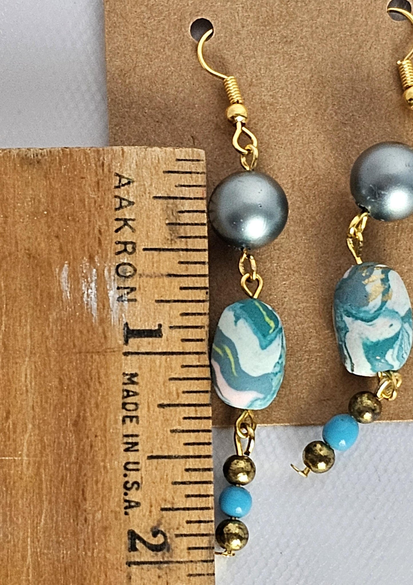 Handmade Turquoise Clay/Plastic/Brass Dangle Earrings on Hypo Aller Gold Tone Hooks