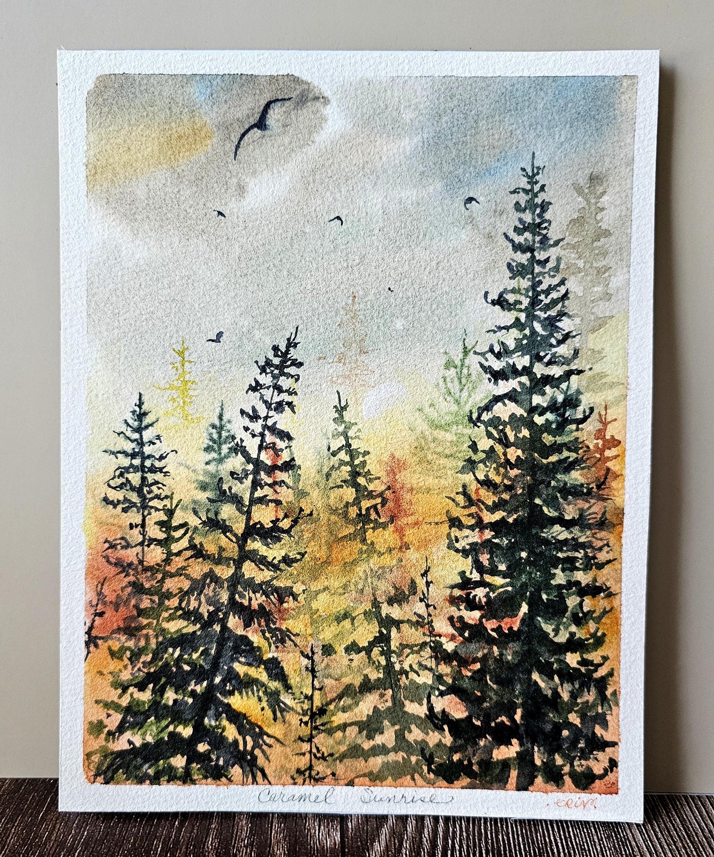 Original Watercolor Art Painting 'Caramel Sunrise' Unframed 8.5x6.5" With Backing & Slipcover