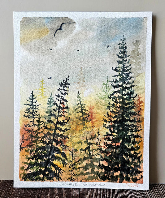 Original Watercolor Art Painting 'Caramel Sunrise' Unframed 8.5x6.5" With Backing & Slipcover