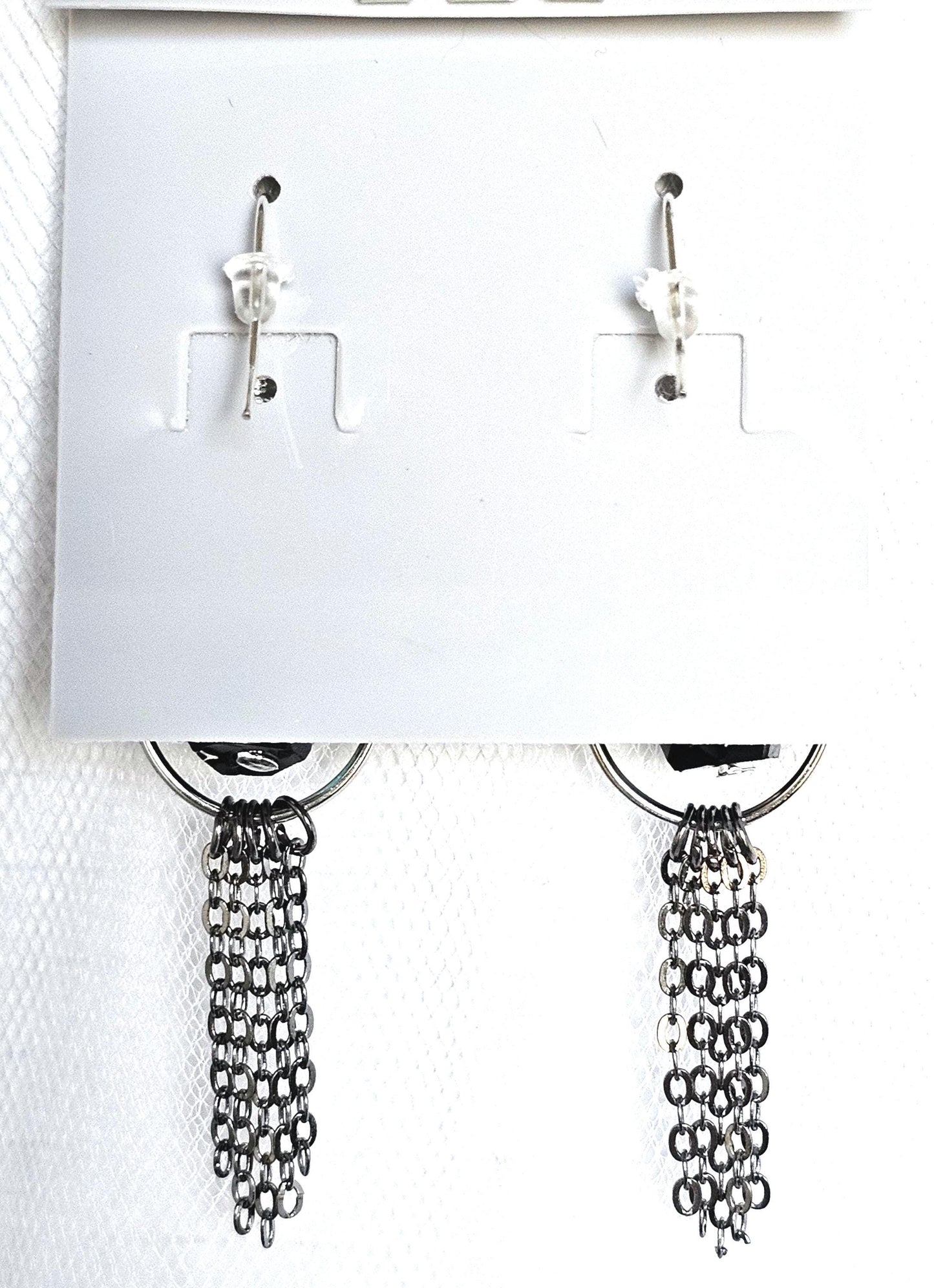 Handmade Iridescent Black Beaded Hoop Earrings with Dark Silver Chain Fringe