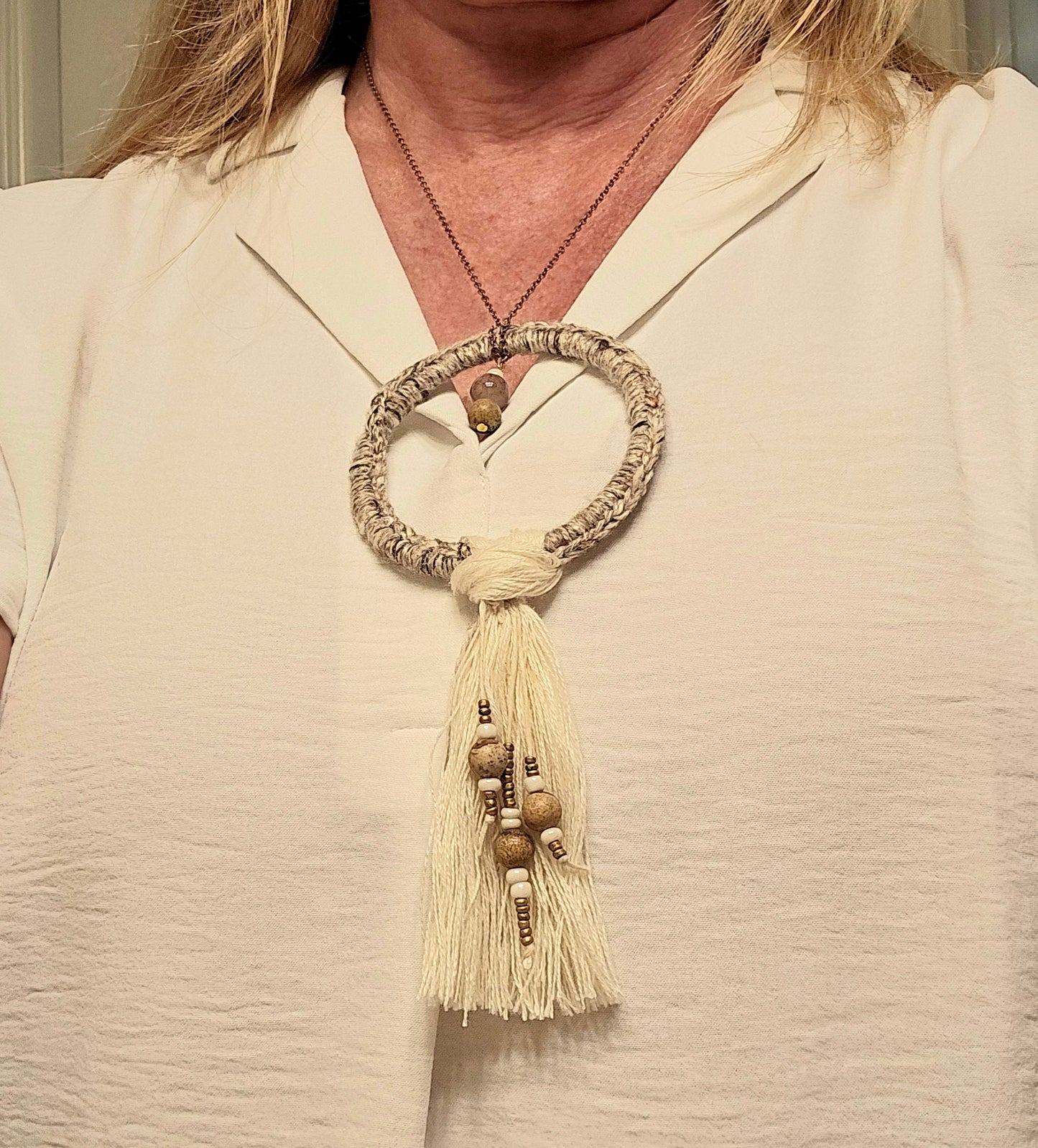 Handmade Boho Crochet Pendant Necklace: Brown Beads, Cream Tassel, Copper Chain