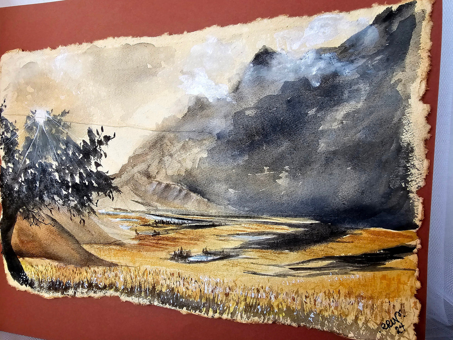 Original Watercolor Painting of 'A Far Away Place' on Burnt Edge Parchment 12x10.5"