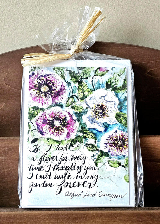 Pansy Watercolor Print Cards: Tennyson Saying, Set of 5