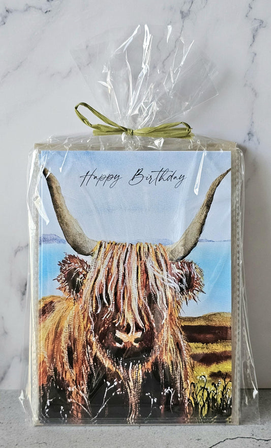 Highland Cow Birthday Cards: Watercolor Art Prints, Set of 5