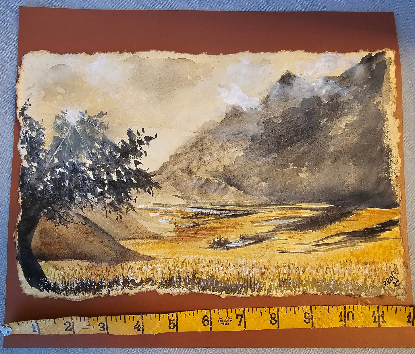 Original Watercolor Painting of 'A Far Away Place' on Burnt Edge Parchment 12x10.5"