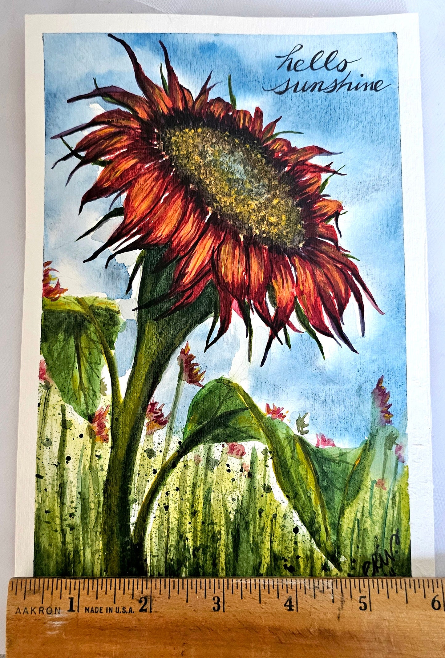 Red Sunflower Watercolor Painting: 'Hello Sunshine' Floral Art (9x6 Unframed)