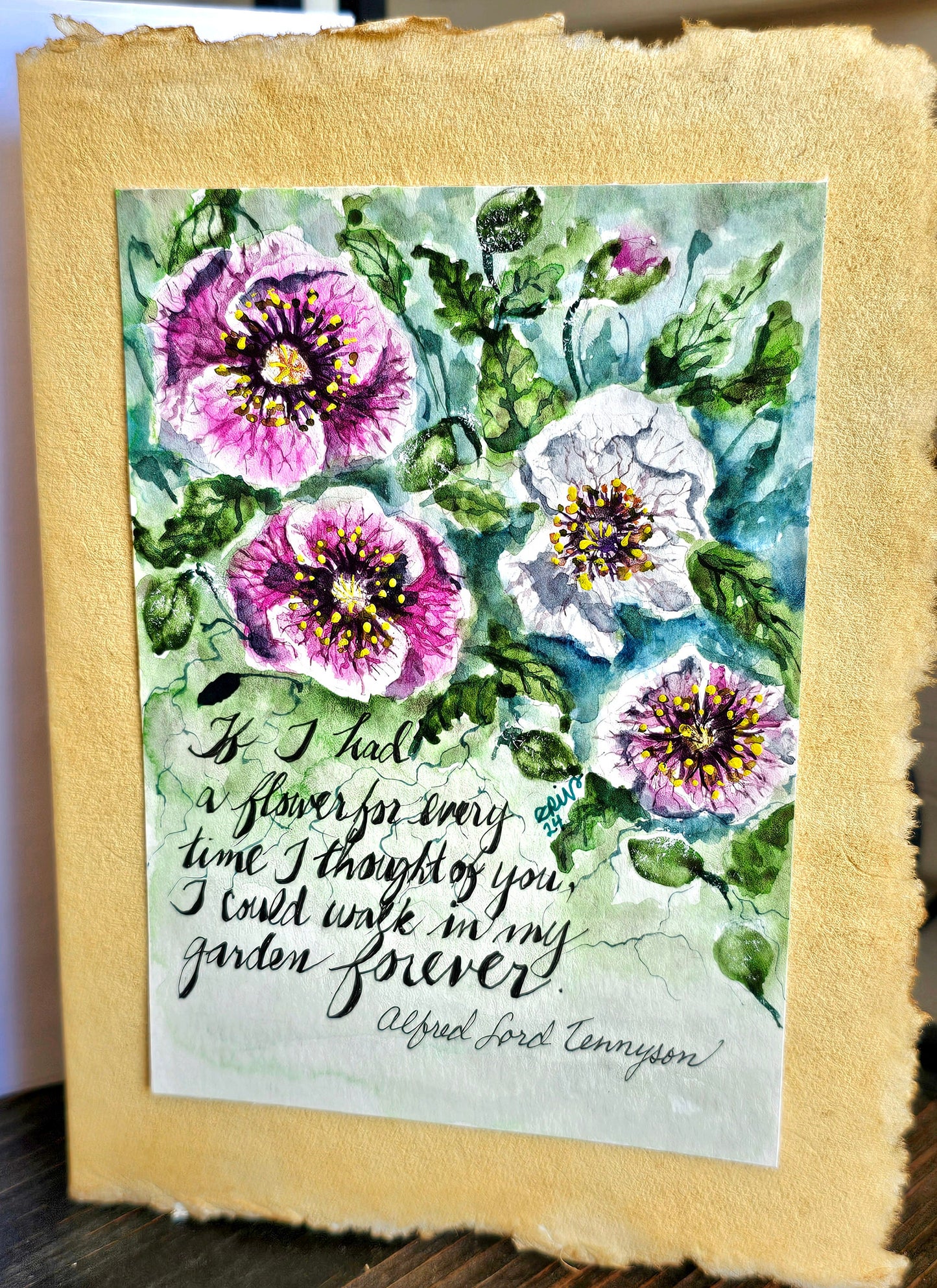 Watercolor Original Painted Poppies Art Card: Burnt Edge Parchment with Envelope