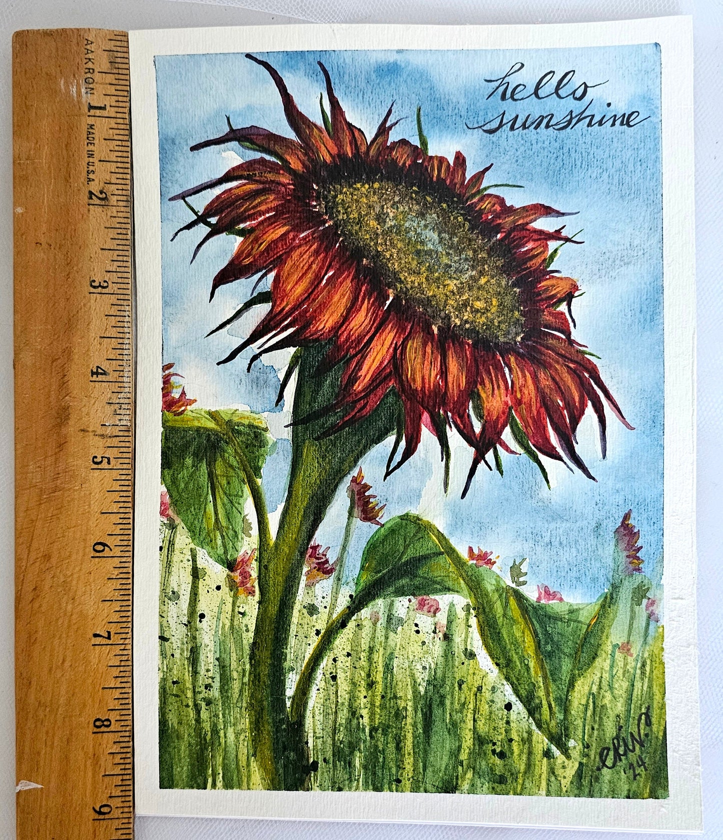 Red Sunflower Watercolor Painting: 'Hello Sunshine' Floral Art (9x6 Unframed)