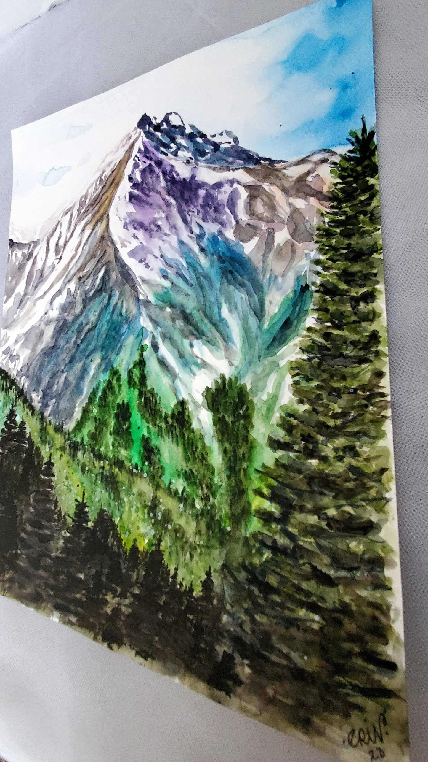 Original Watercolor Mountain Landscape Painting: Expressionist Art (12x9)